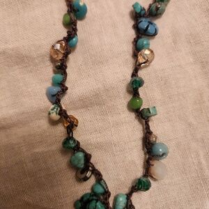 Handmade Crystal & Gemstones Turquoise and Green Crochet Beaded Necklace. NEW